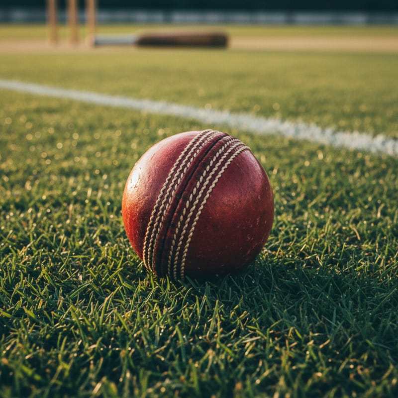 A red leather cricket ball resting on the pitch in golden light