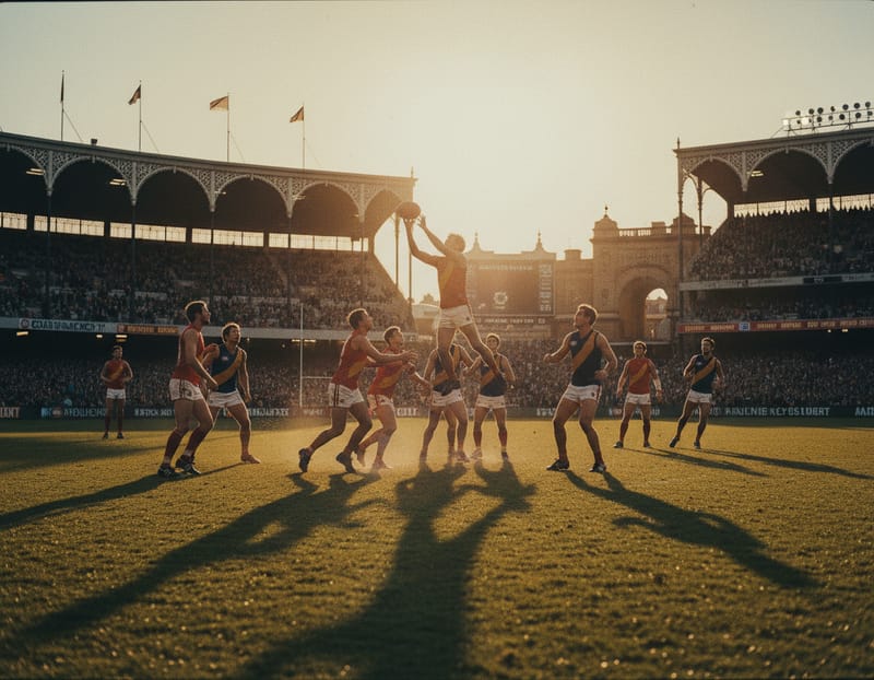 AFL players contest a mark under twilight stadium lights