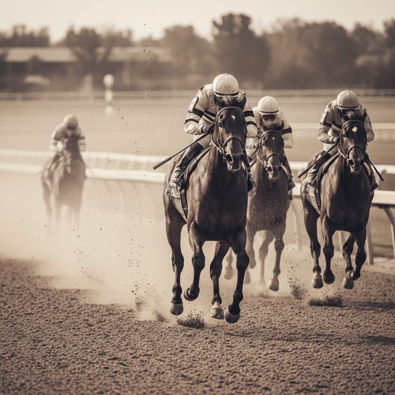 Thoroughbreds and jockeys in cream and black silks galloping down the track