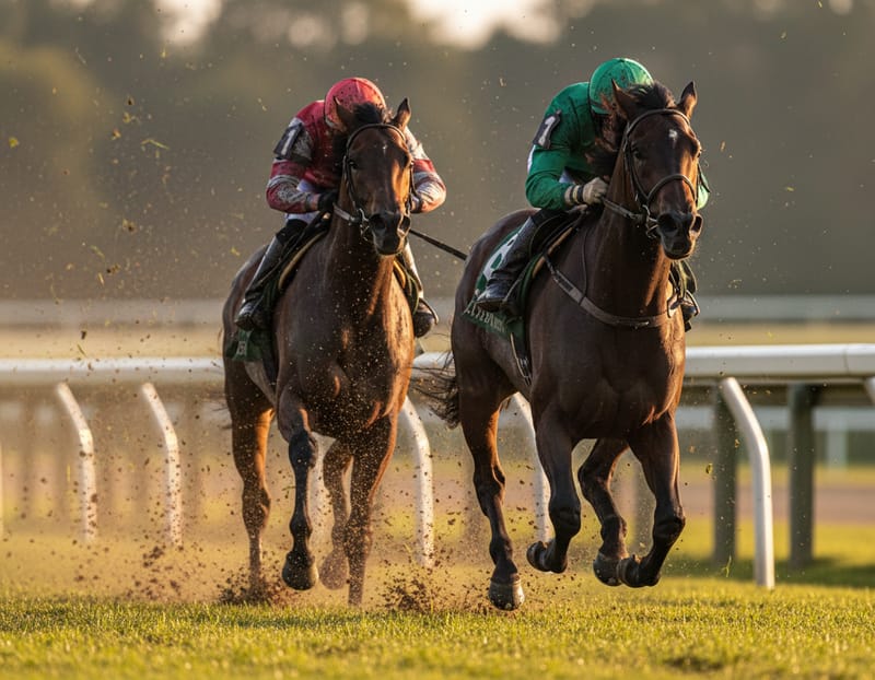 Two racehorses and jockeys thunder down the turf in the late afternoon sun