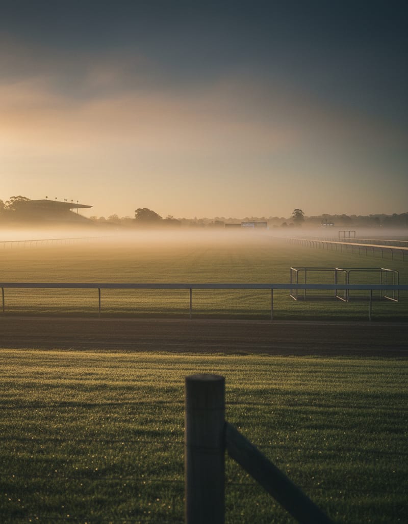 An empty racetrack at dawn with mist rising from the turf