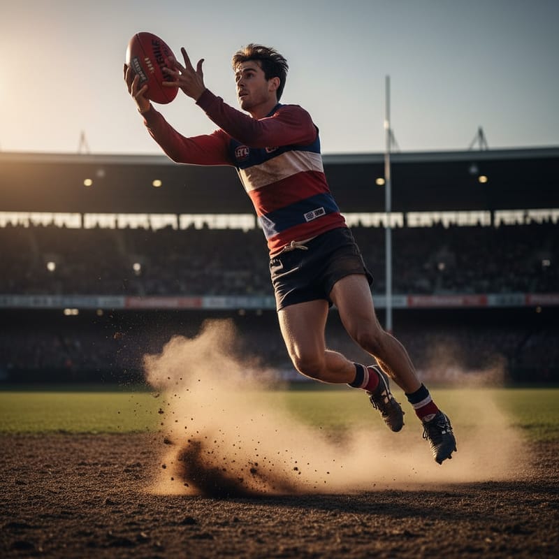 An AFL player leaps for a spectacular mark in front of a packed stand